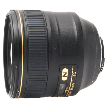 Nikon AF-S 85mm f1.4G side view with gold N badge and 85mm 1:1.4G markings