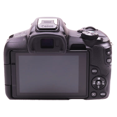 Canon EOS R50 rear view with LCD screen and controls