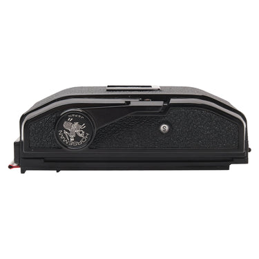 Horseman roll film back top with Horseman logo dial and S lock button