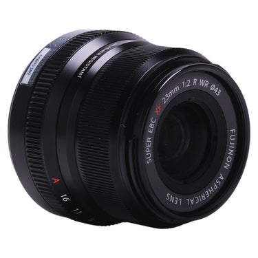 Fujifilm XF 23mm f2 R WR lens angled view with serial label and front engraving