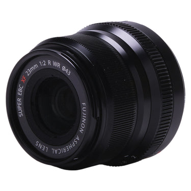 Fujifilm XF 23mm f2 R WR angled front view showing front glass and barrel