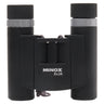 Minox BD 8x24 BR binocular front view with eyecup caps up and gray lanyard