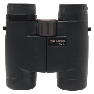 Minox 8x32 binoculars front view with brand logo and focus wheel