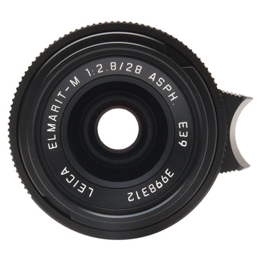 Leica 28mm f2.8 Elmarit-M Asph front view with engraved name, E39 filter marking, and serial 3998312