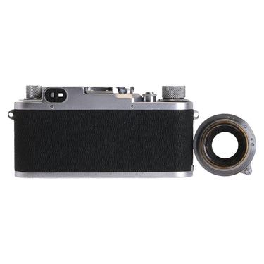 Leica IIIc rear view with Summitar lens set beside body showing lens mount