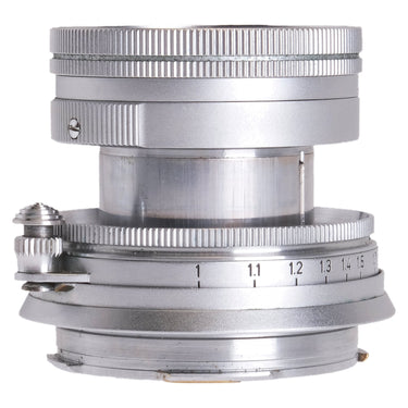 Leica Summicron 5cm side view showing focus distance scale and infinity release lever