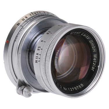 Leica 5cm f2 Summicron front three-quarter view with front element and Ernst Leitz Wetzlar engraving