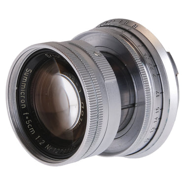 Leica Summicron f=5cm front element and name engraving, three-quarter view