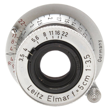 Leica Elmar front view with red aperture scale and front glass element