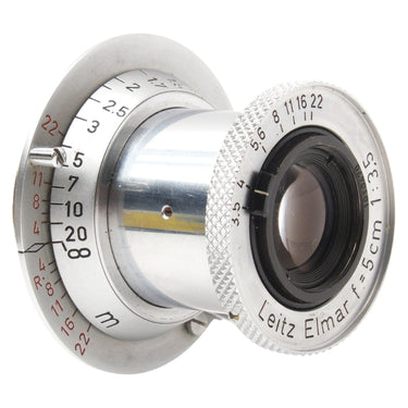 Leica 5cm Elmar extended, angled front view with aperture and depth-of-field scale
