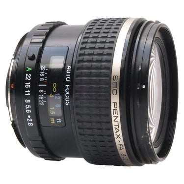 Pentax SMC FA 645 45mm f2.8 angled view showing name ring and front glass
