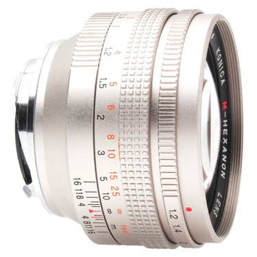 Konica M-Hexanon 50mm f1.2 side view showing focus and aperture rings