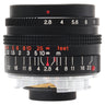 Konica 28mm f2.8 M-Hexanon lens front three-quarter view with aperture and depth of field scales, bare mount