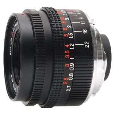 Konica 28mm f2.8 M-Hexanon lens side view with distance scale and mount