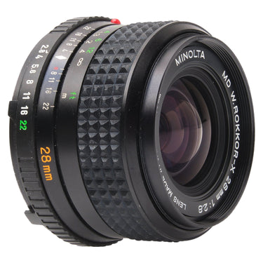 Minolta MD 28mm f2.8 W.Rokkor-X front three-quarter view of barrel
