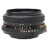 Minolta 45mm f2 MD Rokkor-X front three-quarter view showing focus and aperture scales