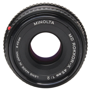 Minolta MD Rokkor-X 45mm front element and name engraving