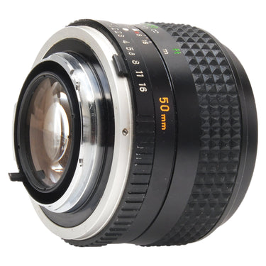 Minolta 50mm f1.4 MC Rokkor-X PG angled rear view showing SR mount and rear element
