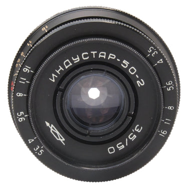 KMZ Industar-50-2 front view showing front element and aperture blades