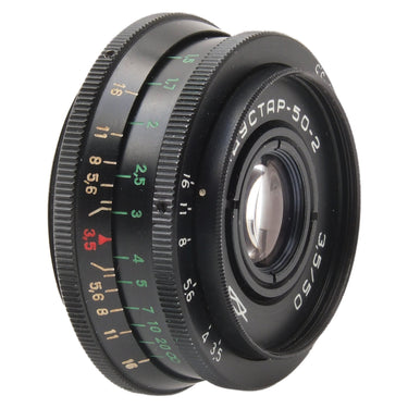 KMZ Industar-50-2 pancake lens angled front view with name engraving
