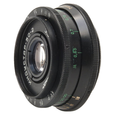 KMZ Industar-50-2 angled view showing meter distance scale