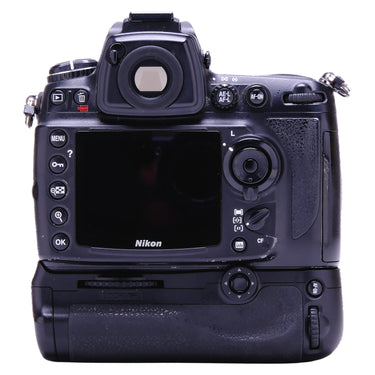 Nikon D700 rear view with LCD screen, controls, and battery grip