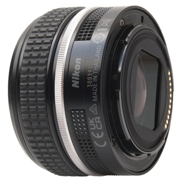 Nikon Z 40mm f2 SE side view with serial engraving and rear mount contacts