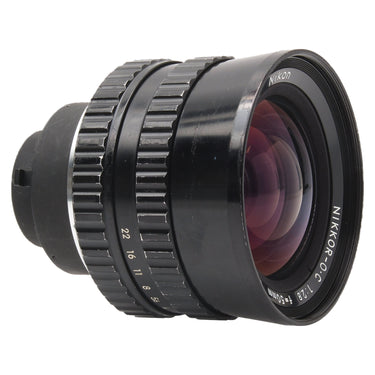 Angled front view of Bronica S 50mm f2.8 Nikkor-O.C lens showing barrel markings