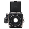 Zenza Bronica EC front view with waist-level finder open and 7.5cm f2.8 Nikkor-P lens