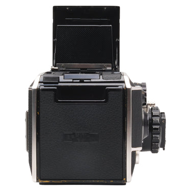 Zenza Bronica EC rear view with film back and finder hood open