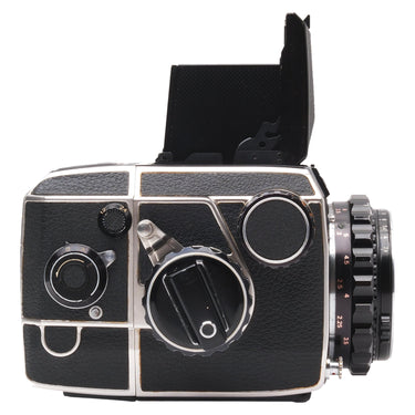 Zenza Bronica EC left side with finder open showing shutter dials