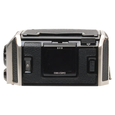 Bronica EC film magazine side showing 6x6 mask window and serial CM531993