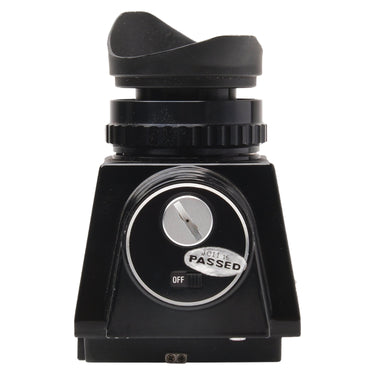 Bronica EC TTL prism finder rear view with meter needle, OFF switch and JCII passed sticker