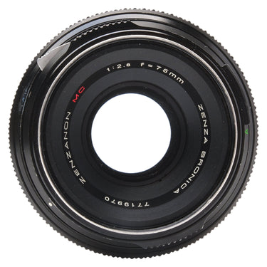 Zenza Bronica Zenzanon MC 75mm f2.8 front element view with 1:2.8 f=75mm markings and serial 7719970