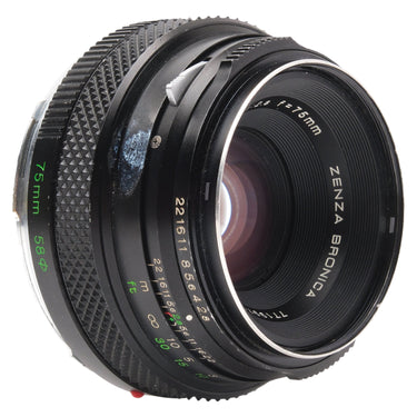 Zenza Bronica Zenzanon MC 75mm f2.8 front three-quarter view showing barrel and Zenza Bronica name