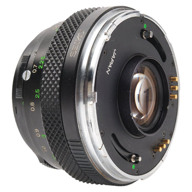Zenza Bronica Zenzanon MC 75mm f2.8 rear three-quarter view showing mount, contacts and rear element
