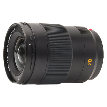 Leica 28mm APO-Summicron-SL front angled view with focus ring and red mount index