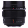 Panasonic Leica DG Summilux 12mm f1.4 side view with lens hood mounted and aperture scale