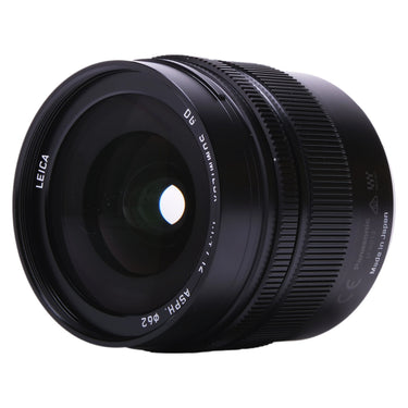 Panasonic Leica DG Summilux 12mm f1.4 angled front view showing Leica branding and front element