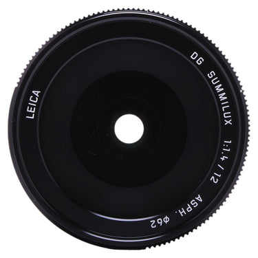 Panasonic Leica DG Summilux 12mm f1.4 straight-on front view of front element and 62mm ring