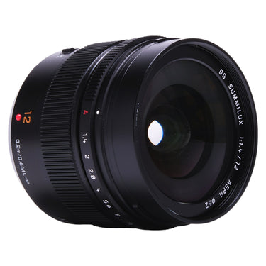 Panasonic Leica DG Summilux 12mm f1.4 angled front view with focus scale and AF/MF switch