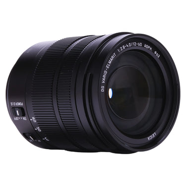 Panasonic Leica DG 12-60mm lens side view showing front element and 62mm marking