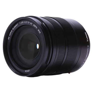 Panasonic Leica DG 12-60mm lens angled view showing front element and Lumix barrel