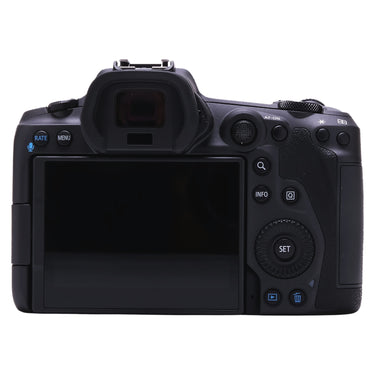 Canon EOS R5 rear view with screen, viewfinder, and controls