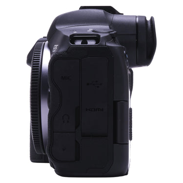 Canon EOS R5 left side showing mic, headphone, USB, and HDMI ports