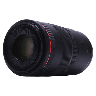 Canon RF 100mm f2.8 L Macro angled side view with LOCK switch and front glass