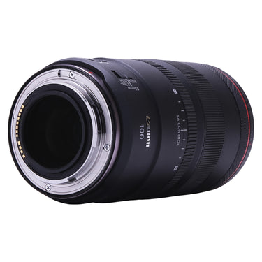 Canon RF 100mm f2.8 L Macro rear mount and contacts, angled view