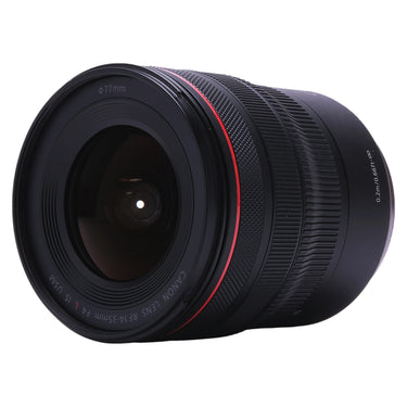 Canon RF 14-35mm f4 L IS USM angled front element view with 77mm filter ring