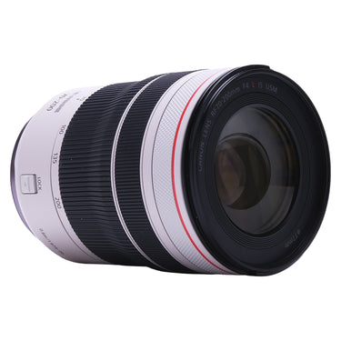 Canon RF 70-200mm f4 L IS USM lens angled front view showing front element and lens markings