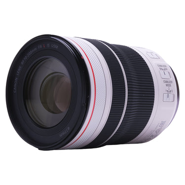 Canon RF 70-200mm f4 L IS USM lens angled view showing switches and front glass